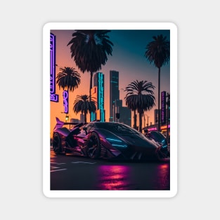 Dark Neon Sports Car in Beach Neon City Magnet