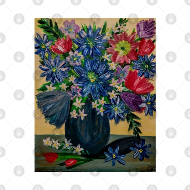 A natural background and some vibrant flowers in a turquoise vase by kkartwork