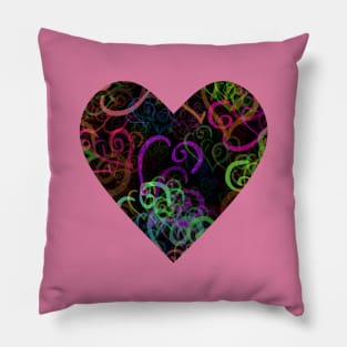 Crazy Vivid Color Curvy Hearts Shapes on Black Pillow