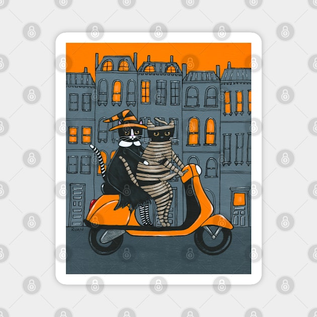 Mummy and Witch Halloween Ride Magnet by KilkennyCat Art