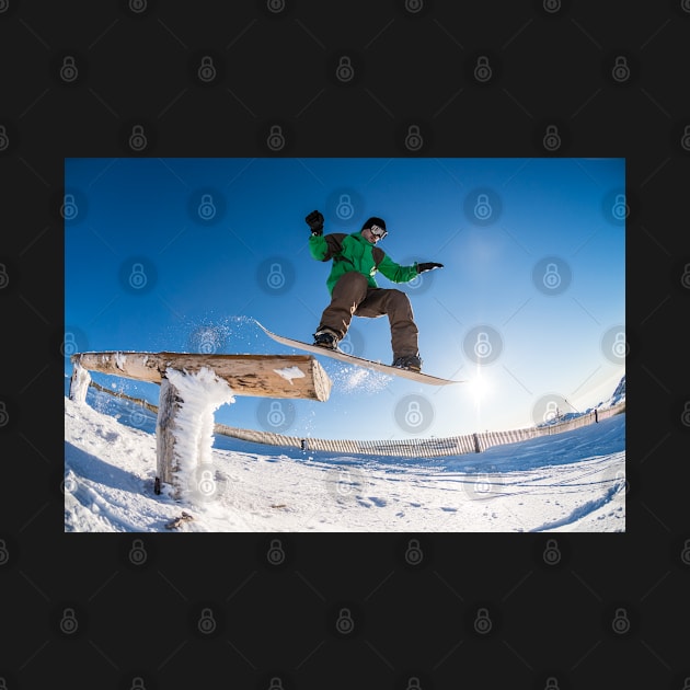 Snowboarder jumping against blue sky by homydesign