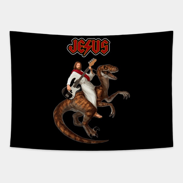 Jesus ridding a dinosaur with a guitar Tapestry by VinagreShop