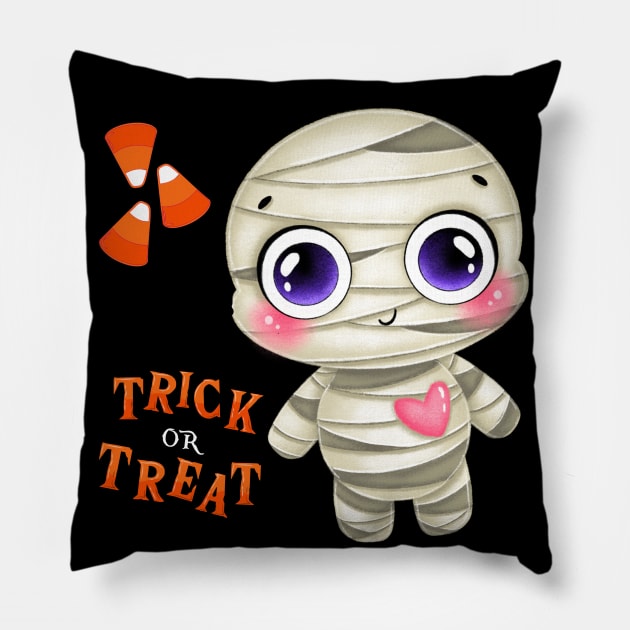 Trick or treat Funny cute mummy Halloween cute scary little ghost Pillow by BoogieCreates