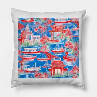 Pagodas, lake and sail boats in blue and red Pillow