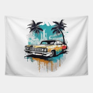 Old car with palm trees watercolor Tapestry