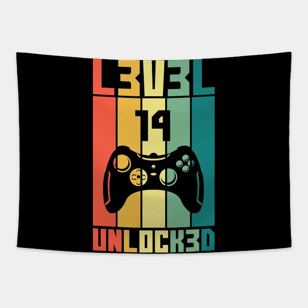 Level 14 Unlocked Vintage Gamer 14th Birthday Gift Tapestry by Alex21