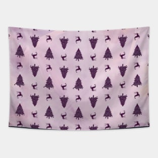Pretty Plum Christmas Trees & Reindeer Pattern on Pink Peach Ombre Tapestry