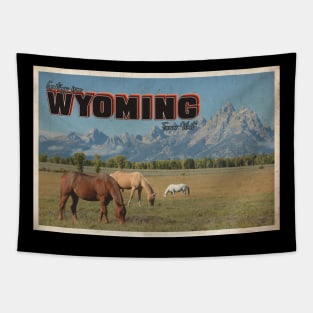 Greetings from Wyoming - Vintage Travel Postcard Design Tapestry