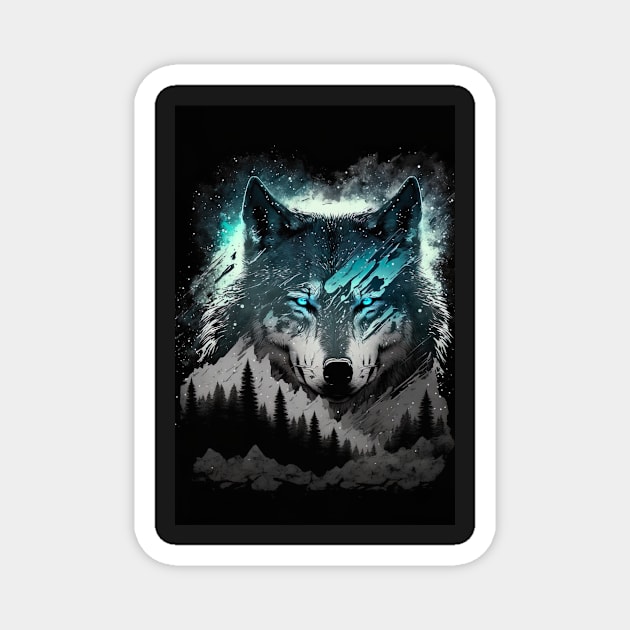 Cool Wolf portrait with teal and grey Magnet by KoolArtDistrict