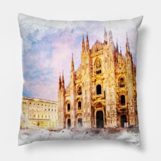 Piazza del Duomo, Milan Italia Watercolor Art City Landscape Pillow