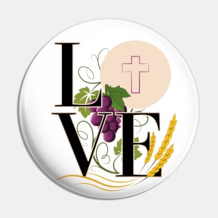 Eucharist LOVE Typography Host Wheat Grapes Pin