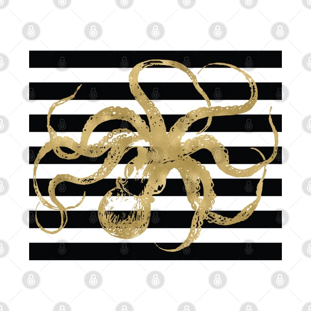 Gold Octopus on Black & White Stripes by AmyBrinkman