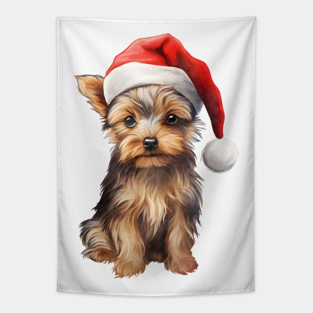 Yorkshire Terrier Dog in Santa Hat Tapestry by Chromatic Fusion Studio