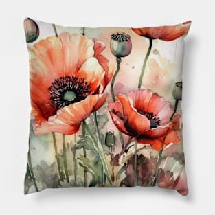 Watercolor flowers poppies Pillow