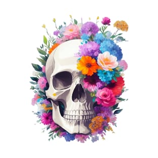 Yet Another Skull With Flowers - Watercolor - AI Art T-Shirt