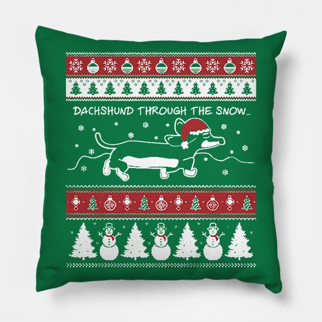 Christmas Xmas Dachshund Through The Snow Pillow by fromherotozero