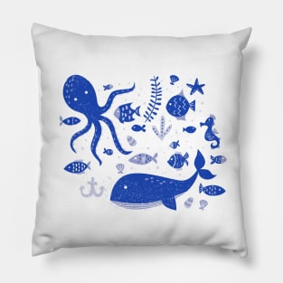 Underwater Sea Life Pattern in Cobalt Blue Pillow
