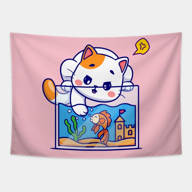 Cute Cat Playing With Fish In Aquarium Cartoon Tapestry by Catalyst Labs