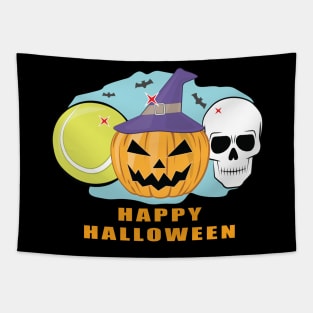 Happy Tennis Halloween - Spooky Skull and Pumpkin Tapestry