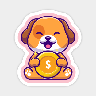 Cute Dog Holding Gold Coin Cartoon Magnet