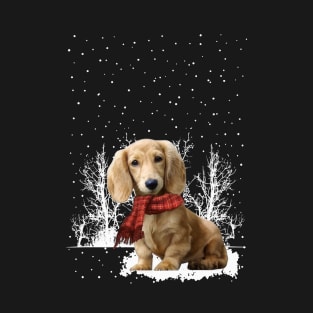 Christmas Cream Dachshund With Scarf In Winter Forest T-Shirt