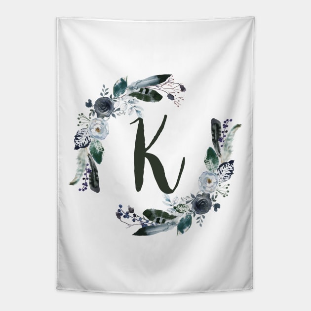 Floral Monogram K Dark Bohemian Flora Tapestry by floralmonogram