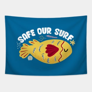 Safe our Surf quote with cute sea animal fish, starfish, coral and shell Tapestry