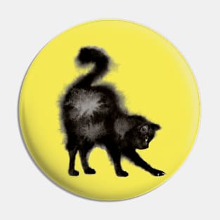 Stretching Black Fluffy Cat Pin