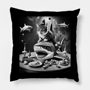 cat riding shark in space Pillow