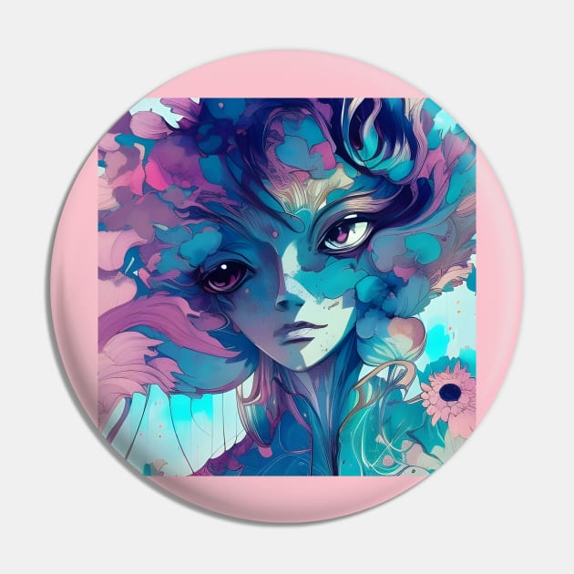 Fantastical Manga Flower Girl Pin by Chance Two Designs