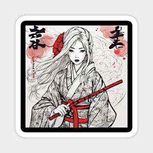 JAPANESE GIRL BLACK AND WHITE illustration art Magnet