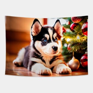 Husky Puppy Dog by Christmas Tree Tapestry