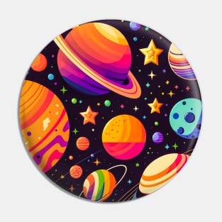 Cosmic Harmony: Brightly Colored Flat Vector Illustration of Planets and Stars in the Solar System Pin