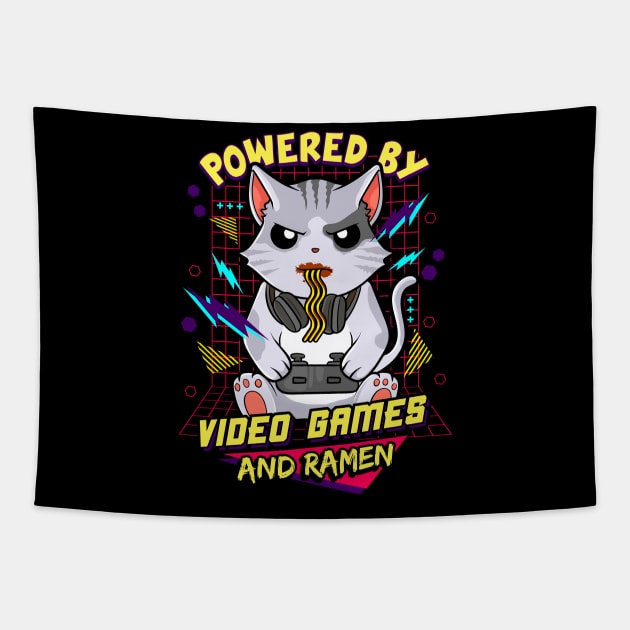 Powered By Video Games & Ramen Anime Cat Tapestry by theperfectpresents