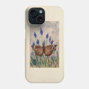 Buckeye butterfly in the grape hyacinth flowers Phone Case