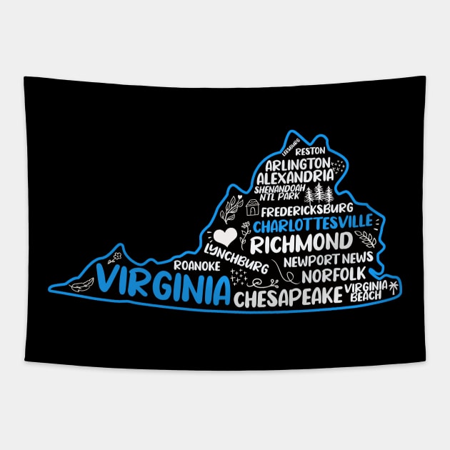 Charlottesville Virginia cute map Virginia Beach, Chesapeake, Norfolk, Richmond, Newport News, Alexandria, Hampton, Roanoke, Suffolk, Reston Tapestry by BoogieCreates