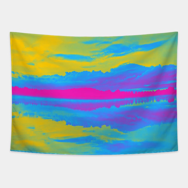 Pansexual Pride Sunset & Clouds over a Lake Landscape Tapestry by VernenInk