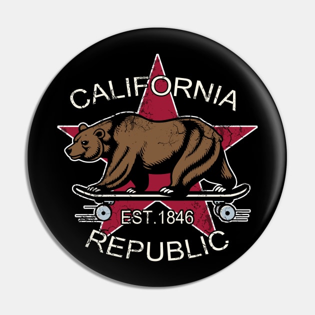 California Republic Flag Bear Skateboarding Retro Fade Pin by E