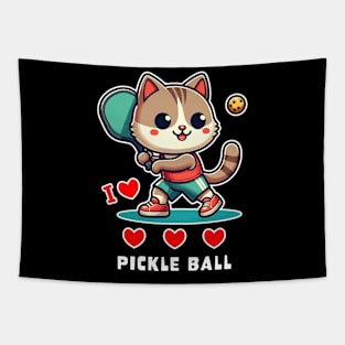 I Love Pickle Ball, Cute Cat playing Pickle Ball, funny graphic t-shirt for lovers of Pickle Ball and Cats Tapestry