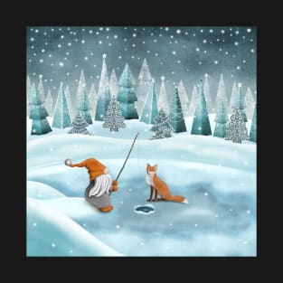 Nordic gnome and red fox fishing winter watercolor illustration. Scandinavian gnome on snowy landscape. Fantasy winter forest. T-Shirt