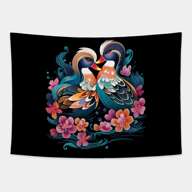 Mandarin Duck Couple Valentine Tapestry by JH Mart