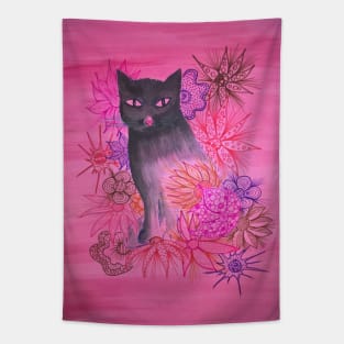 Black cat in the garden. Tapestry