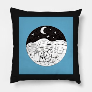 Surfboards at Night Ink Illustration with blue background Pillow