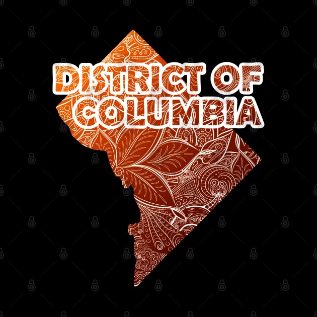 Colorful mandala art map of District of Columbia with text in brown and orange by Happy Citizen