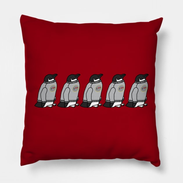 Five Sweater Penguin at Christmas Pillow by ellenhenryart