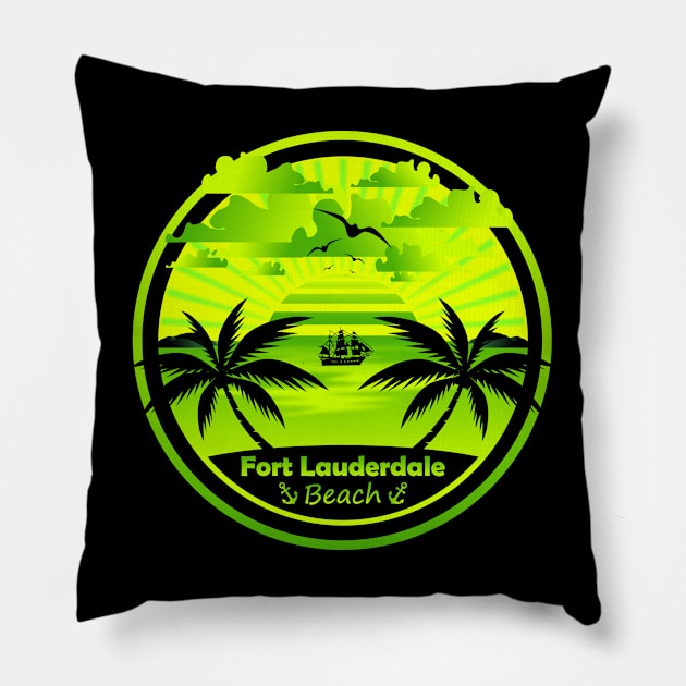 Fort Lauderdale Beach, Palm Trees Sunset, Florida Summer Pillow by Jahmar Anderson