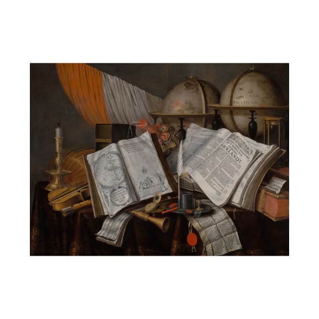 A Vanitas Still Life with a Flag, Candlestick, Musical Instruments, Books, Writing Paraphernalia, Globes and Hourglass by Edwaert Collier by Classic Art Stall