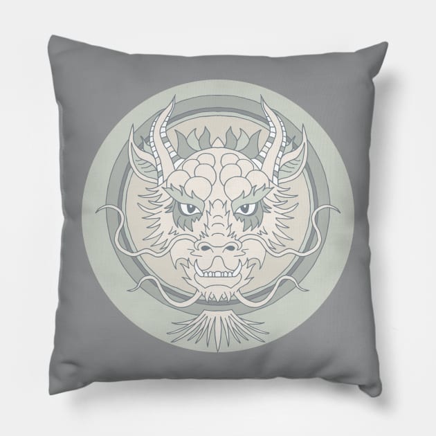 chinese dragon face in gray Pillow by colorofmagic