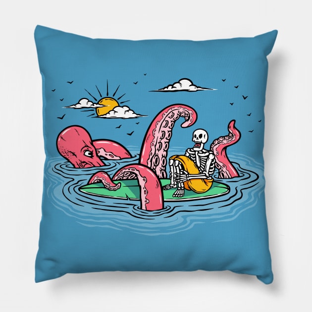 Vintage Cartoon Octopus Attacking a Skeleton Surfer // Lost at Sea Pillow by SLAG_Creative