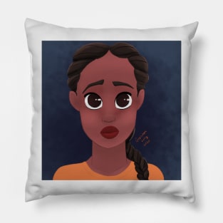 Girl in in Orange on Blue Background Pillow